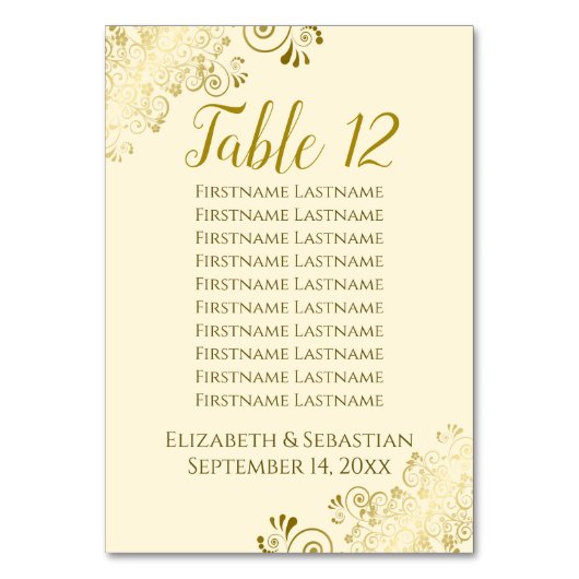Gold Frills Elegantes Cream Wedding Seating Chart Tischnummer (Rückseite)