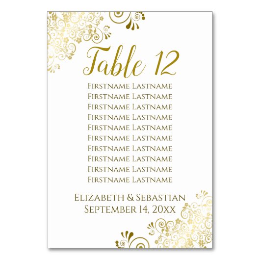 Gold Frills Elegantes White Wedding Seating Chart Tischnummer (Rückseite)