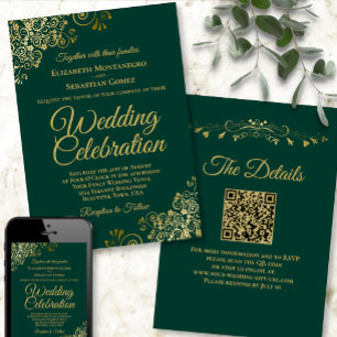 Gold Frills Emerald Green Elegant QR Code Wedding Einladung