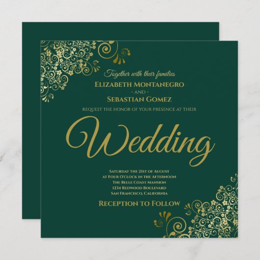 Gold Frills Emerald Green Elegant Square Wedding Einladung (Vorne/Hinten)