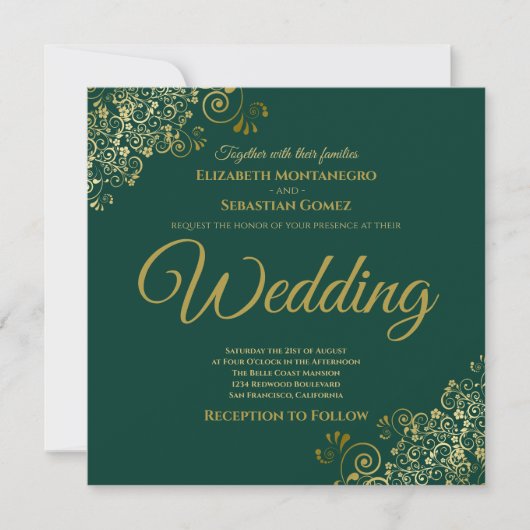 Gold Frills Emerald Green Elegant Square Wedding Einladung (Vorderseite)