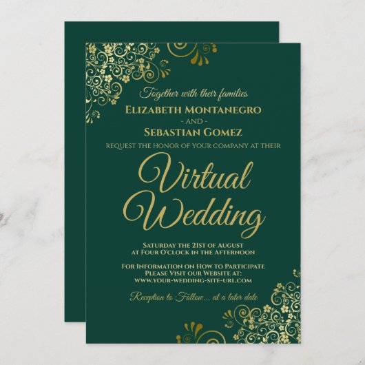 Gold Frills Emerald Green Elegant Virtual Wedding Einladung (Vorne/Hinten)