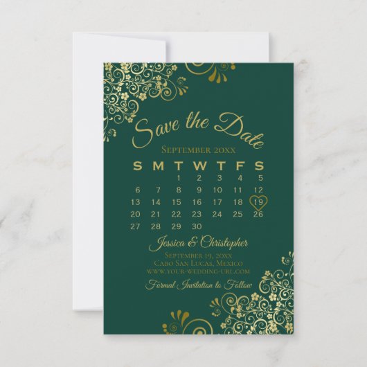 Gold Frills Emerald Green Elegant Wedding Calendar Save The Date (Vorderseite)