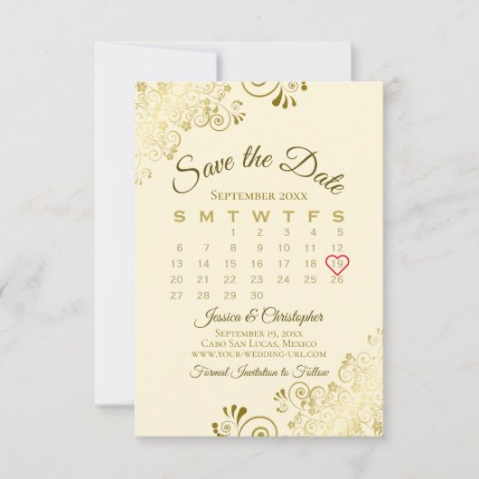 Gold Frills Ivory Cream Chic Wedding Calendar Save The Date (Vorderseite)