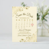 Gold Frills Ivory Cream Chic Wedding Calendar Save The Date (Stehend Vorderseite)