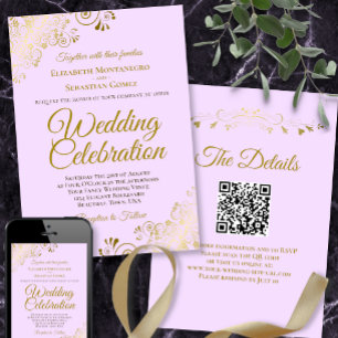 Gold Frills & Lilac Lila QR Code Hochzeit Einladung