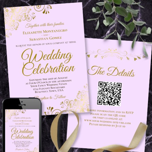 Gold Frills & Lilac Lila QR Code Hochzeit Einladung