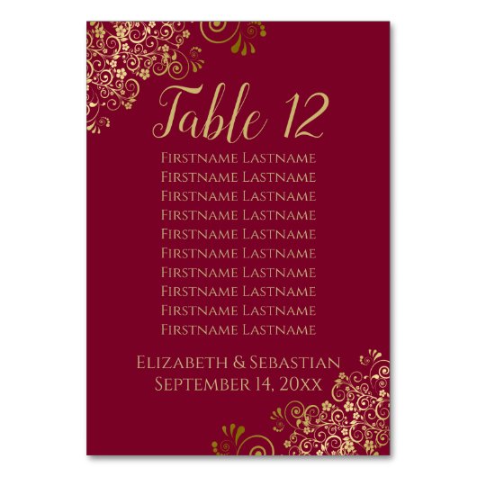 Gold Frills Maroon Burgundy Seating Chart Tischnummer (Vorderseite)
