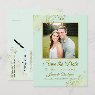 Gold Frills Mint Green Wedding Save the Date Foto Ankündigungspostkarte