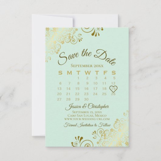 Gold Frills Neo Mint Green Chic Wedding Calendar Save The Date (Vorderseite)