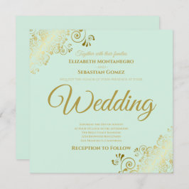 Gold Frills Neo Mint Green Elegant Square Wedding Einladung