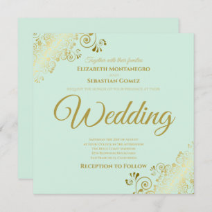 Gold Frills Neo Mint Green Elegant Square Wedding Einladung