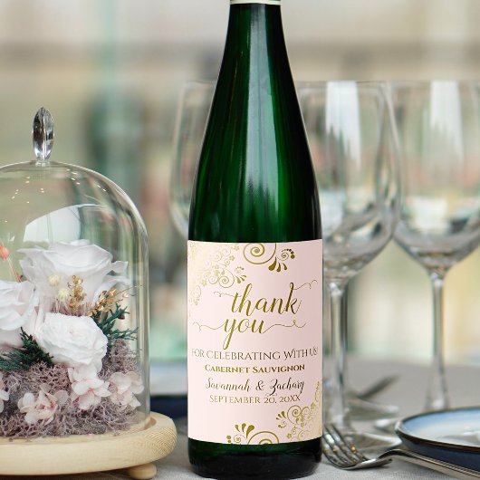 Gold Frills on Blush Pink Wedding Danke Chic Weinetikett