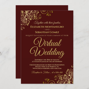 Gold Frills on Burgundy Elegant Virtual Wedding Einladung