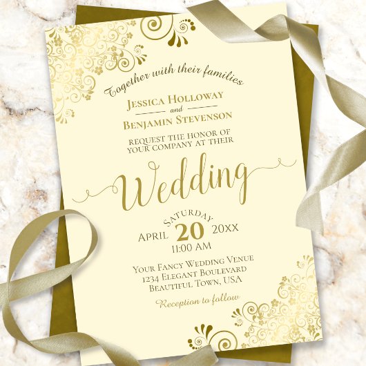 Gold Frills on Cream Elegant Calligraphy Wedding Einladung