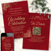 Gold Frills on Crimson Red Elegant QR Code Wedding Einladung