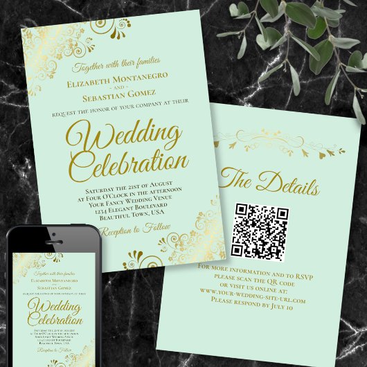 Gold Frills on Mint Green Elegant QR Code Hochzeit Einladung