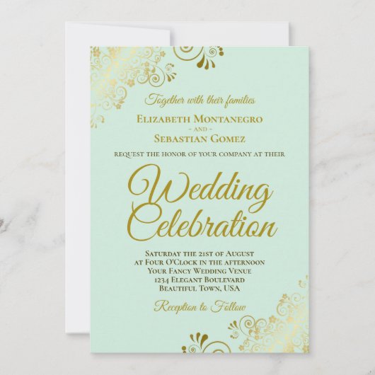 Gold Frills on Mint Green Elegant QR Code Hochzeit Einladung (Vorderseite)