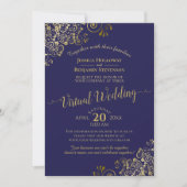 Gold Frills on Navy Blue Elegant Virtual Wedding Einladung (Vorderseite)