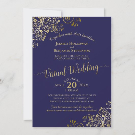 Gold Frills on Navy Blue Elegant Virtual Wedding Einladung (Vorderseite)