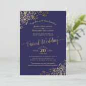 Gold Frills on Navy Blue Elegant Virtual Wedding Einladung (Stehend Vorderseite)