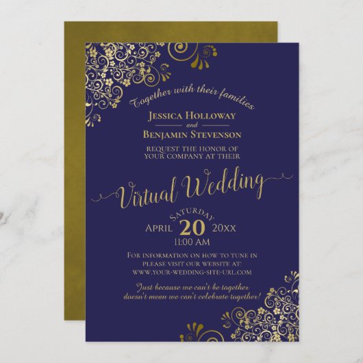 Gold Frills on Navy Blue Elegant Virtual Wedding Einladung (Vorne/Hinten)