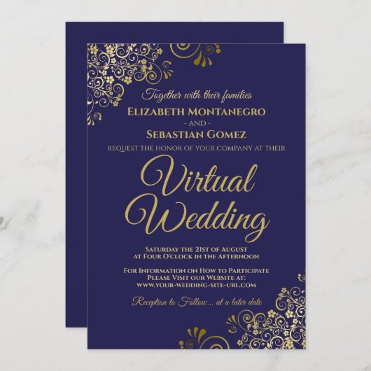 Gold Frills on Navy Blue Elegant Virtual Wedding Einladung (Vorne/Hinten)