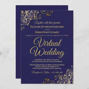 Gold Frills on Navy Blue Elegant Virtual Wedding Einladung