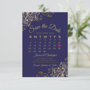 Gold Frills on Navy Blue Elegant Wedding Calendar Save The Date