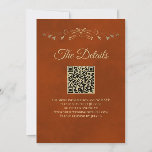 Gold Frills on Rust Orange Elegant QR Code Wedding Einladung (Rückseite)