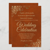 Gold Frills on Rust Orange Elegant QR Code Wedding Einladung (Vorne/Hinten)