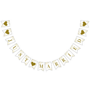 Gold Frills on White Just Married Newlyweds Wimpelkette