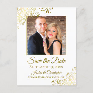 Gold Frills on White Wedding Save the Date Foto Ankündigungspostkarte