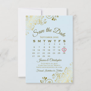 Gold Frills Powder Blue Chic Wedding Calendar Save The Date
