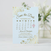 Gold Frills Powder Blue Chic Wedding Calendar Save The Date (Stehend Vorderseite)