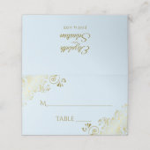 Gold Frills Powder Blue Elegant Wedding Write-In Platzkarte (Außenseite Aufgefaltet)