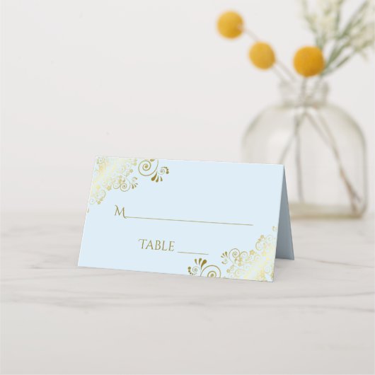 Gold Frills Powder Blue Elegant Wedding Write-In Platzkarte (Vorderseite)