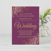 Gold Frills Simple Chic Cassis Lila Hochzeit Einladung (Stehend Vorderseite)
