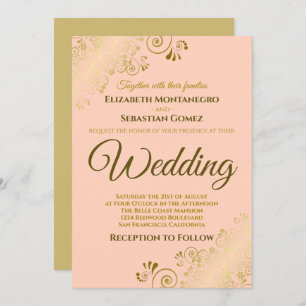 Gold Frills Simple Chic Coral Peach Orange Wedding Einladung