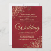 Gold Frills Simple Chic Elegant Red Wedding Einladung (Vorderseite)