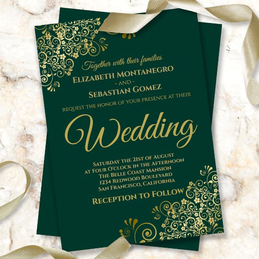 Gold Frills Simple Chic Emerald Green Wedding Einladung