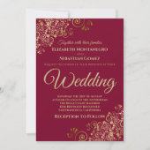 Gold Frills Simple Chic Maroon Burgundy Wedding Einladung (Vorderseite)