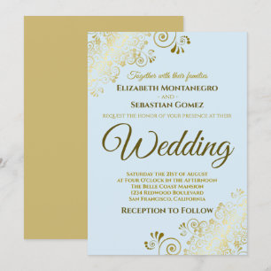 Gold Frills Simple Chic Powder Blue Wedding Einladung