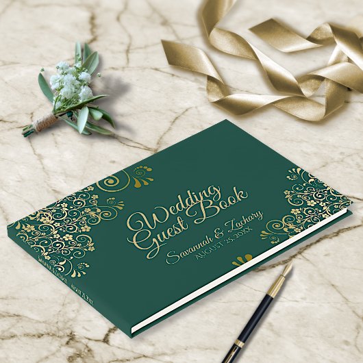 Gold Frills und Emerald Green Elegant Wedding Gästebuch