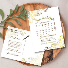 Gold Frills White Wedding Save the Date Calendar Ankündigungspostkarte