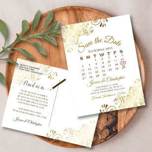 Gold Frills White Wedding Save the Date Calendar Ankündigungspostkarte