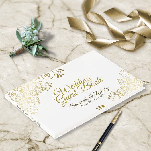 Gold Frilly Filigree Elegant Wedding Gästebuch