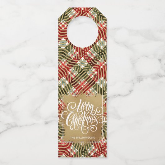 Gold Frohe Weihnachten auf Kariert Flaschenanhänger (Vorderseite)