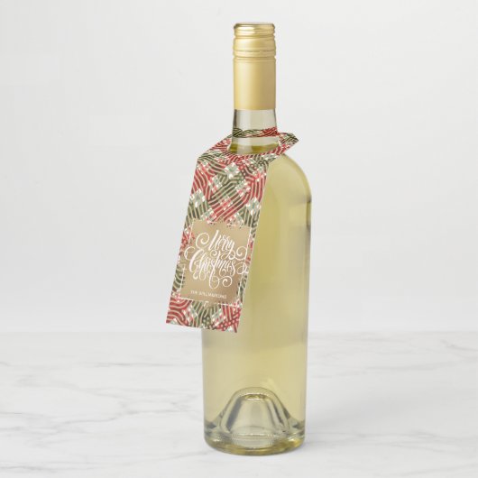 Gold Frohe Weihnachten auf Kariert Flaschenanhänger (Angewinkelt)