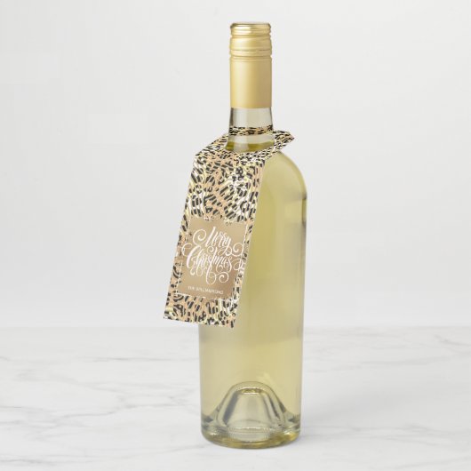 Gold Frohe Weihnachten auf Leopard Flaschenanhänger (Angewinkelt)